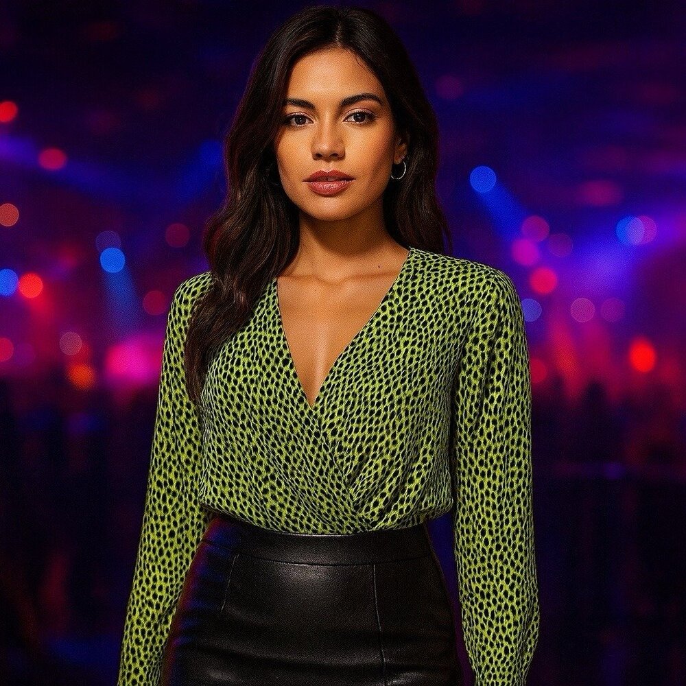 AFRM Surplice Leopard Print Neon Green‎ Bodysuit Party Festival Evening XL